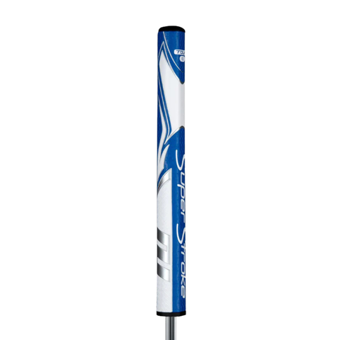 A close-up of the Superstroke Zenergy Tour 1.0 Putter Grip features bold blue and white design, slim tour profile, and distinctive Superstroke branding against a plain white background.
