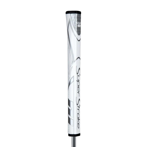 The Superstroke Zenergy 1.0 Pistol Putter Grip in white with black and gray accents features advanced grip technology and displays the Superstroke brand name prominently along the side.