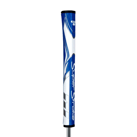 The Superstroke Zenergy 1.0 Pistol Putter Grip by Superstroke features blue and white colors, bold modern graphics, and No-Taper Technology, displayed vertically on a white background.
