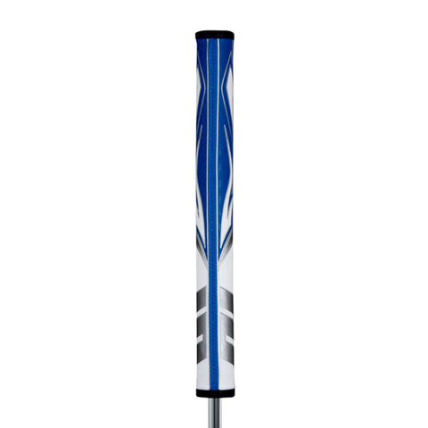 A close-up of the Superstroke Zenergy Flatso 1.0 Putter Grip in blue, white, and black, shown vertically against a white background, highlights this Superstroke grips optimal putter stability.