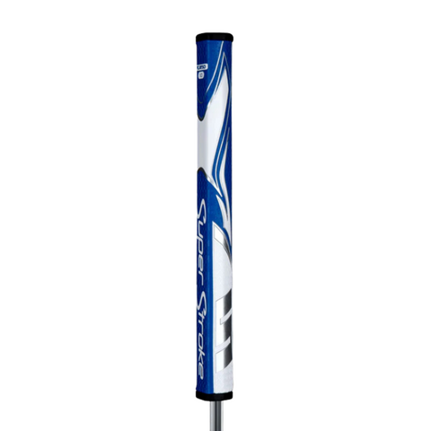 The SuperStroke Zenergy Flatso 1.0 Putter Grip, in blue, white, and silver, is displayed vertically on a plain white background to highlight its stability features.