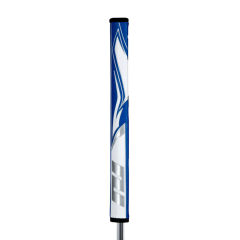 The Superstroke Zenergy Flatso 1.0 Putter Grip by Superstroke features a blue, white, and silver bold angular design for enhanced stability, shown vertically against a white background.