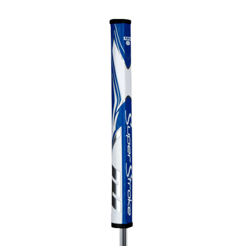 A close-up of the Superstroke Zenergy Flatso 1.0 Putter Grip in blue, white, and black appears vertically against a plain white background, emphasizing this Superstroke grips stable design for putters.