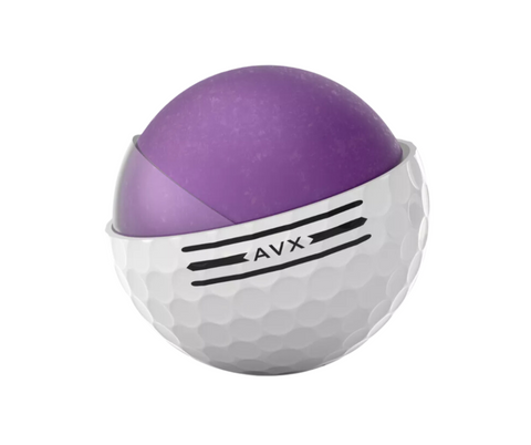 The Titleist 2024 AVX Golf Balls in white feature a dimpled cover partially cut to reveal a smooth purple core, with AVX and three black lines printed on the surface—highlighting the signature Titleist design.