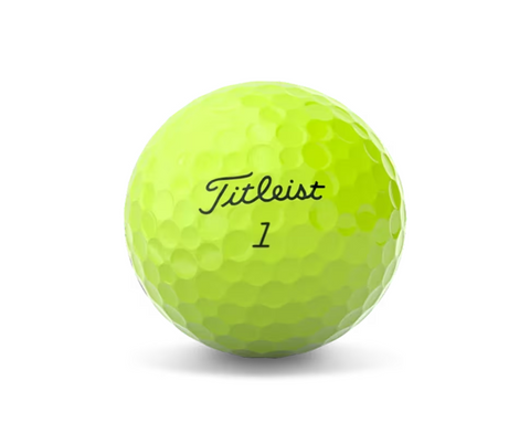 A Titleist 2024 AVX Golf Ball in yellow with the number 1, by Titleist, displayed on a white background.