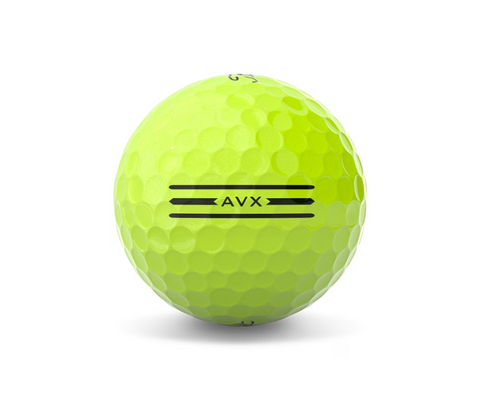 The Titleist 2024 AVX Golf Ball | Yellow features two black horizontal lines with AVX printed between them and a dimpled yellow-green surface, shown on a white background—ideal for golfers seeking low spin.