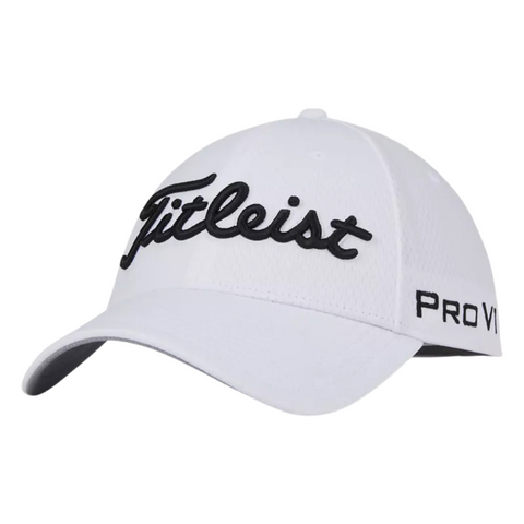 The Titleist 2024 Tour Elite Cap is a white golf cap with black Titleist embroidery on the front and Pro V1 stitched on the side, delivering classic tour style for dedicated golfers.