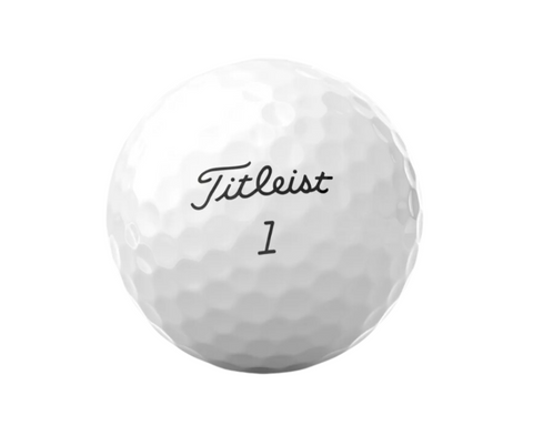 The Titleist 2024 Tour Soft Golf Ball in white features the number 1 and Titleist branding in black, designed for real feel and long carry, shown on a plain white background.