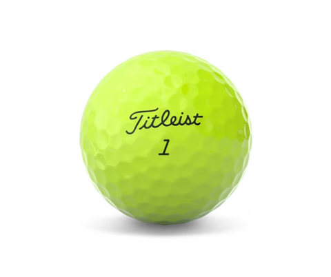 The Titleist 2024 Tour Soft Golf Ball in bright yellow, marked with the number 1 under the Titleist logo, is ideal for golfers who prefer a soft feel. Shown against a white background.