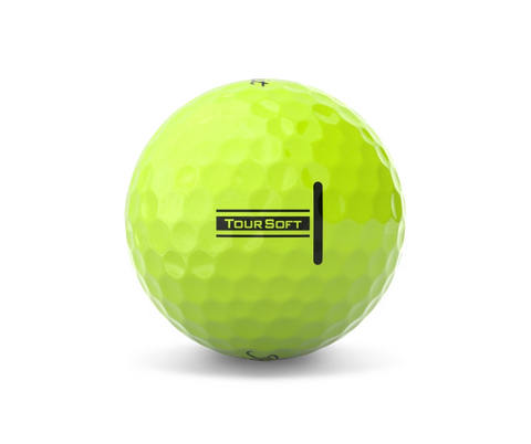 A Titleist 2024 Tour Soft Golf Ball in bright yellow, featuring a dimpled surface and the TOUR SOFT logo, is displayed against a plain white background.
