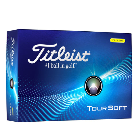 A blue box of Titleist 2024 Tour Soft Golf Balls | Yellow displays the Titleist logo, #1 ball in golf slogan, and wave patterns, indicating these are soft feel yellow golf balls from Titleist.