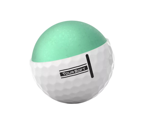 A Titleist 2024 TruFeel Golf Ball in white is shown partially cut open, revealing a green core inside its dimpled cover—highlighting Titleists ultra-soft construction for all-round golf performance.