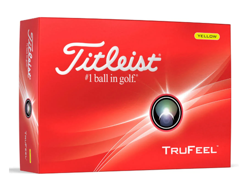 A red box of Titleist 2024 TruFeel Golf Balls | Yellow by Titleist, featuring a circular graphic and #1 ball in golf, with YELLOW marking the soft yellow golf balls inside.