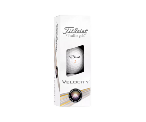 A white rectangular box of Titleist 2024 Velocity Golf Balls features the Titleist logo, #1 ball in golf, and a visible high speed golf ball through a front window.