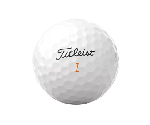 The Titleist 2024 Velocity Golf Ball is white with a dimpled surface, featuring the Titleist logo in black script and an orange number 1, designed for high-speed performance and shown on a plain white background.