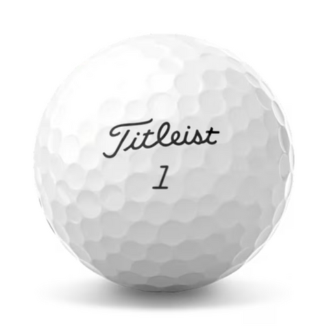A white Titleist 2025 AVX Aim 360° Golf Ball with dimples, black Titleist script above the number 1, and 360° Alignment, shown on a plain white background.