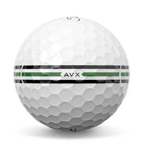 The Titleist 2025 AVX Aim 360° Golf Ball is white with dimples, black and green horizontal stripes for 360° alignment, and AVX printed in the center front.