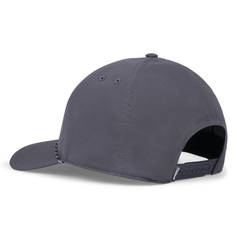 A dark gray Titleist 2025 Boardwalk Rope Cap is shown from the back, featuring a snapback closure and two side ventilation eyelets. The cap is plain with no visible logos or designs, reflecting a simple, classic style.