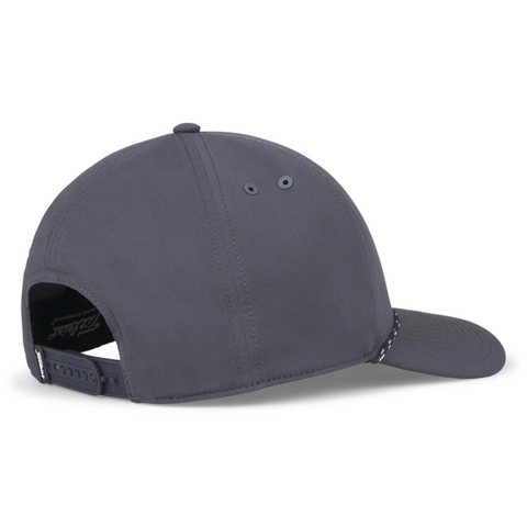 The Titleist 2025 Boardwalk Rope Cap in dark gray is shown from the back, highlighting its adjustable snapback strap, stylish rope detail above the visor, and two ventilation eyelets on the top panels.