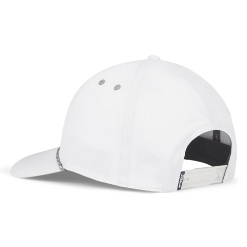 A white Titleist 2025 Boardwalk Rope Cap shown from the back, featuring ventilation eyelets, visible stitching, an adjustable branded strap near the closure, and a classic rope accent for added style.
