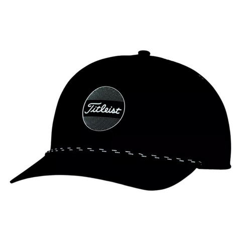 The Titleist 2025 Boardwalk Rope Cap is a black cap with a curved brim, circular patch with white Titleist script, rope detail above the brim, and white edge stitching—ideal for golf.