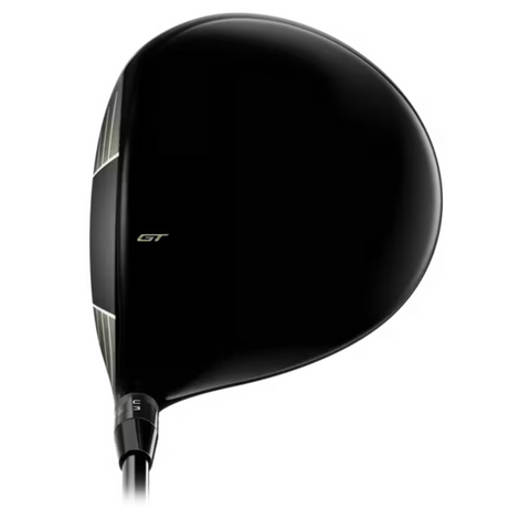 A close-up of the Titleist 2025 GT1 Driver club head featuring bold “GT” letters on top, set against a white background; a lightweight design from Titleist made for easy distance.