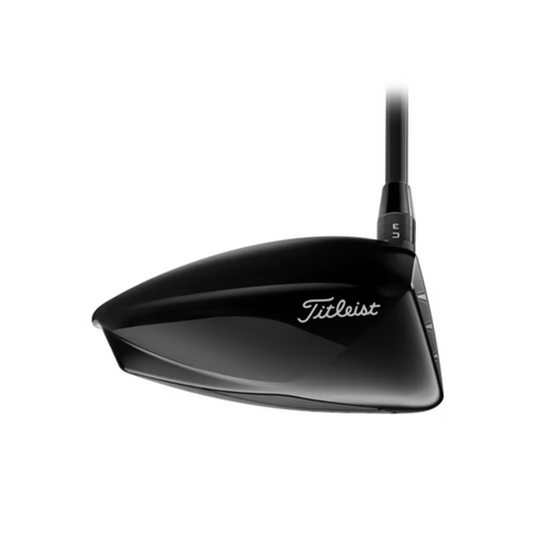 A close-up of the lightweight Titleist 2025 GT1 Driver head shows its side profile and adjustable hosel settings for easy distance, displayed on a white background.