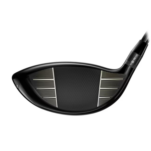 Close-up of the lightweight Titleist 2025 GT1 Driver head with a textured, grooved face and sleek black finish, engineered for easy distance, shown on a white background.