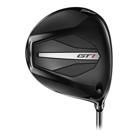 A black Titleist 2025 GT1 Driver head with a metallic silver stripe and GT1 logo on its face is shown from above at an angle on a white background, highlighting this lightweight Titleist driver designed for easy distance.