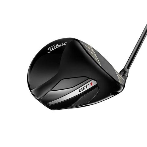 A close-up of the lightweight Titleist 2025 GT1 Driver clubhead, showcasing its sleek black and silver design with the Titleist logo and GT1 text—engineered for effortless distance on every swing.