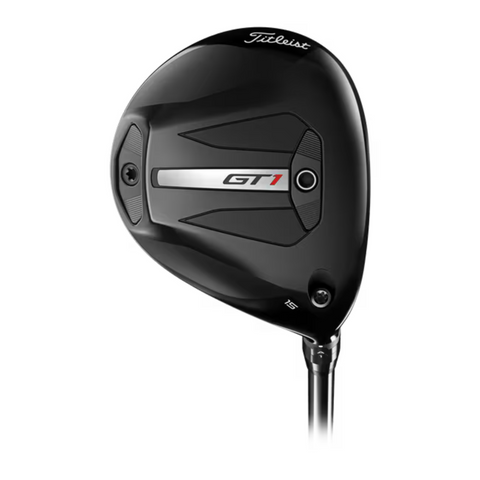 The Titleist 2025 GT1 Fairway Wood is a modern black club featuring metallic and textured design, visible shaft connection, and GT1 branding—delivering forgiving performance for golfers.