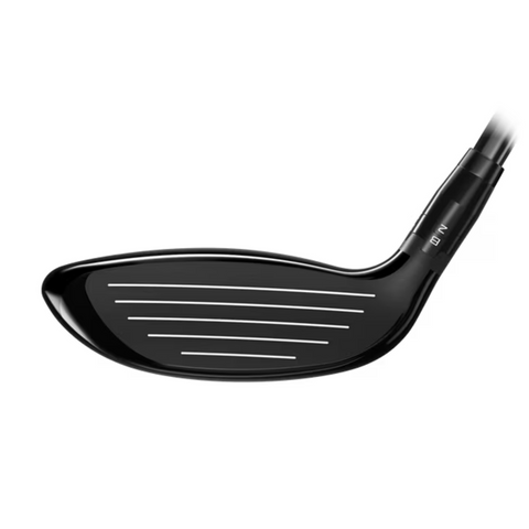 A close-up of the Titleist 2025 GT1 Fairway Wood shows the lightweight club’s face with horizontal grooves and part of the shaft, angled to highlight its striking surface against a white background.