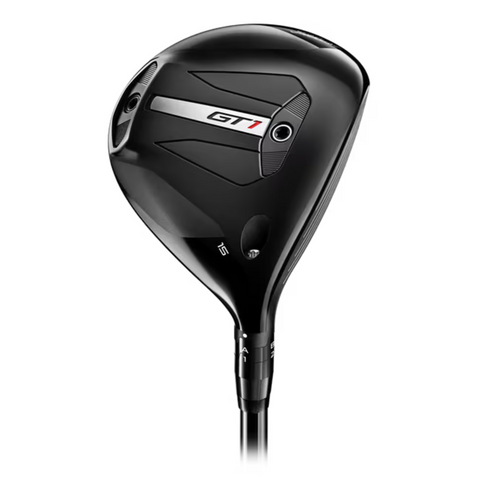 The Titleist 2025 GT1 Fairway Wood, shown in black with metallic silver accents on a white background, features a sleek modern clubhead design with the number 15 at the base, offering lightweight performance, style, and forgiveness.