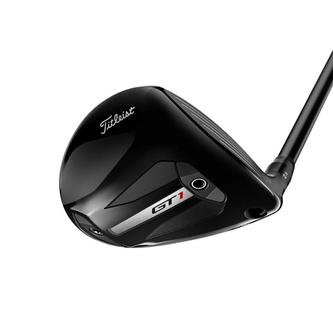 A close-up of the Titleist 2025 GT1 Fairway Wood clubhead showcases its sleek black design with silver and red accents, emphasizing the modern, lightweight appeal of this high-performance Titleist fairway wood.