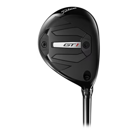A black Titleist 2025 GT1 Hybrid club head is pictured on a white background, displaying a silver and red GT1 logo and two screws near the top corners of this ultra-lightweight hybrid.