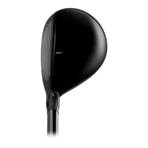 The Titleist 2025 GT1 Hybrid, in black with a sleek rounded head and white alignment lines, features GT lettering on the head, an adjustable hosel for custom performance, and is shown on a white background.