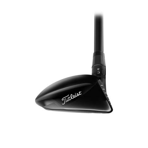 The Titleist 2025 GT1 Hybrid is shown from a low angle on a white background, featuring a black club head with the Titleist logo in white. This ultra-lightweight hybrid is crafted for players seeking high launch performance.