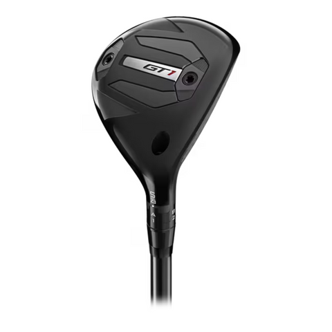 The Titleist 2025 GT1 Hybrid features a black club head with white and red GT, a modern design, visible top screws, and ultra-lightweight construction for high launch.
