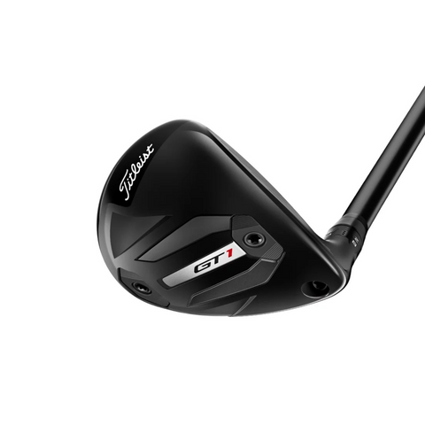 A close-up of the Titleist 2025 GT1 Hybrid golf club head in black showcases the Titleist logo and model name, highlighting its modern, sleek design and ultra-lightweight build for high launch performance on a white background.