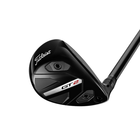 A close-up of the Titleist GT2 Hybrid 2025 golf club head by Titleist, showcasing high launch tech, adjustable weights, and a sleek black, silver, and red design with the model name prominently displayed.