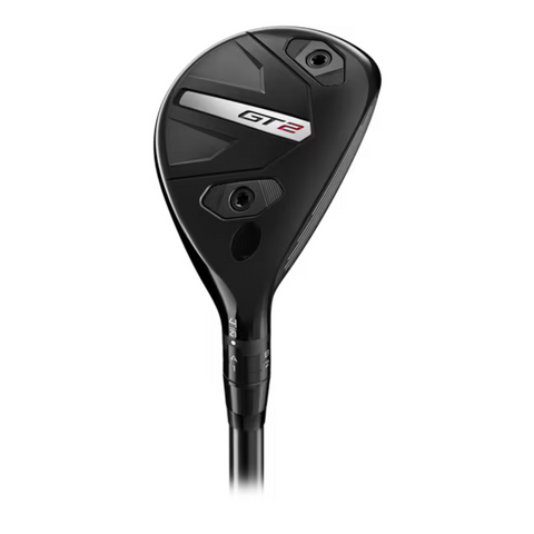 The Titleist 2025 GT2 Hybrid | Left-Handed features a black head with white and red GT2 branding, silver and black accents, plus adjustable screws for enhanced forgiveness—ideal for lefties seeking top performance and precision.