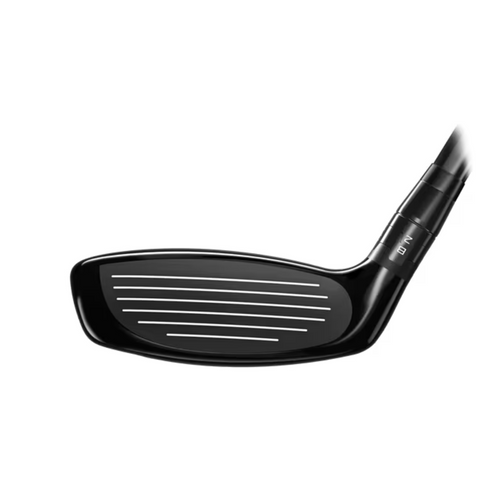 A close-up of the Titleist 2025 GT2 Hybrid | Left-Handed golf club head, featuring its grooved face and hosel—an ideal forgiving hybrid for left-handed players—set against a plain white background.