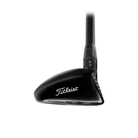 The Titleist 2025 GT2 Hybrid | Left-Handed is shown with the clubhead facing upward against a white background. This lightweight, black hybrid features the Titleist logo and offers forgiving performance for left-handed golfers.