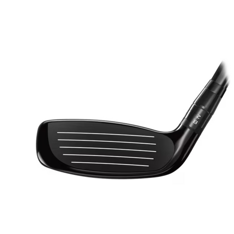 A close-up of the Titleist GT3 Hybrid 2025 golf club head from Titleist, showing its flat face with horizontal grooves and a section of the adjustable hosel against a white background.