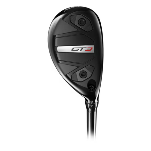The Titleist GT3 Hybrid 2025 features a black head with white and red GT3 branding, silver and black accents, two face screws, and an adjustable hosel for tailored performance.