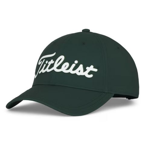 The Titleist 2025 Players Performance Ball Marker Cap is a dark green golf hat with bold white Titleist script, a curved brim, ventilation eyelets, and a magnetic ball marker on the bill.