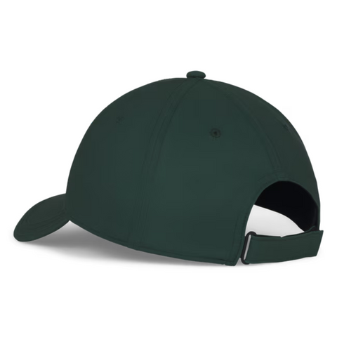 The Titleist 2025 Players Performance Ball Marker Cap is a dark green golf cap with a curved brim, stitched panels, and an adjustable buckle strap at the back.