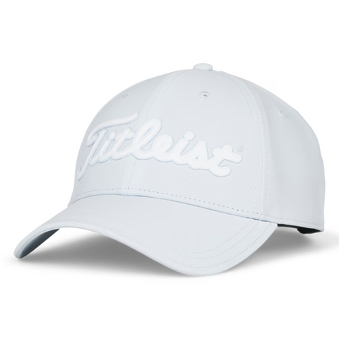 The Titleist 2025 Players Performance Ball Marker Cap in light grey features white embroidered Titleist branding and a magnetic ball marker, displayed at an angle on a plain white background.
