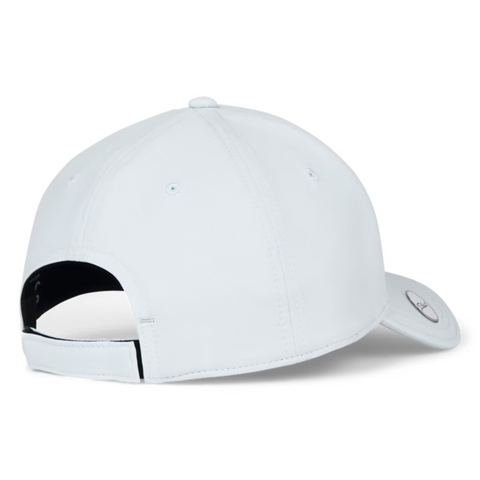 A pale blue Titleist 2025 Players Performance Ball Marker Cap by Titleist is shown from the back, featuring an adjustable strap and a small round sticker on its slightly curved brim—a stylish golf accessory.