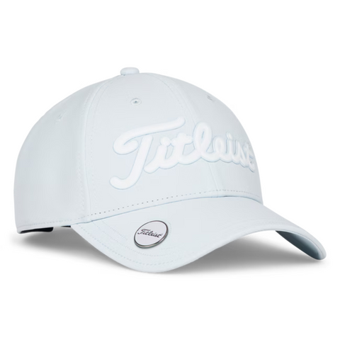 The Titleist 2025 Players Performance Ball Marker Cap features a light blue design, white embroidered front lettering, and a magnetic ball marker pin on the brim—an ideal addition to any golf cap collection.